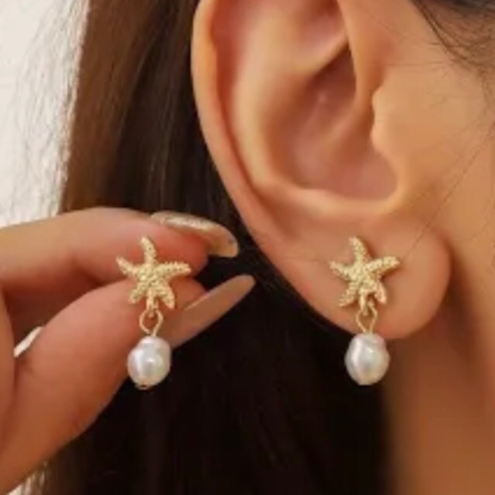 Gold Starfish Pearl Drop Earrings - Coastal-Inspired - Women Jewelry Earring